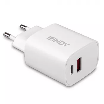 Lindy 73413 nabíjačka USB-A a USB-C, 20 W, Power Delivery, 100–240 V, biela
