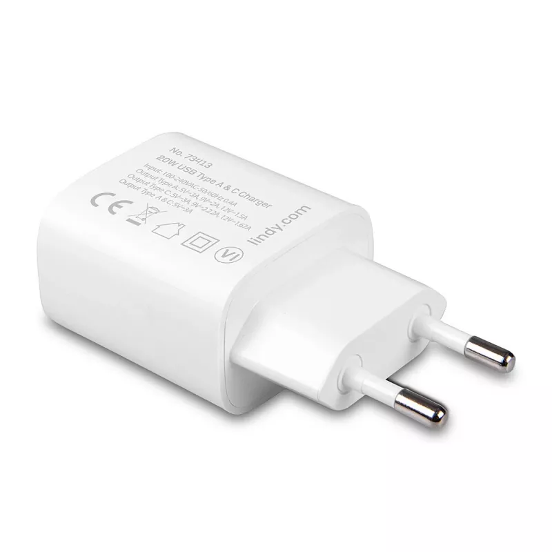 Lindy 73413 nabíjačka USB-A a USB-C, 20 W, Power Delivery, 100–240 V, biela
