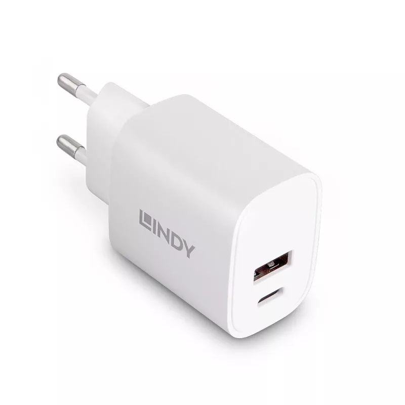 Lindy 73413 nabíjačka USB-A a USB-C, 20 W, Power Delivery, 100–240 V, biela