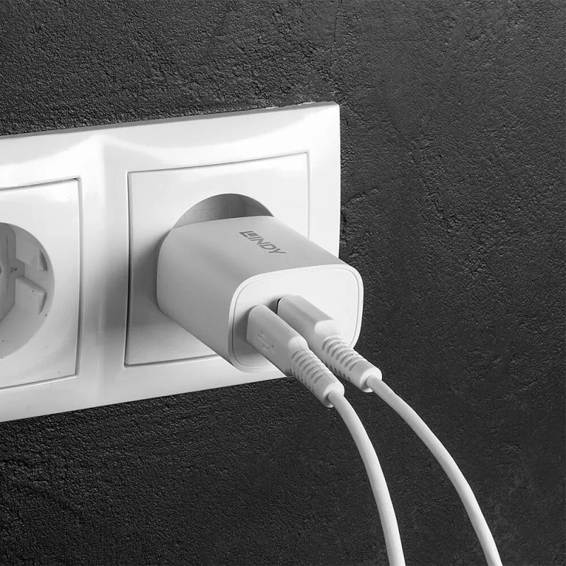 Lindy 73413 nabíjačka USB-A a USB-C, 20 W, Power Delivery, 100–240 V, biela