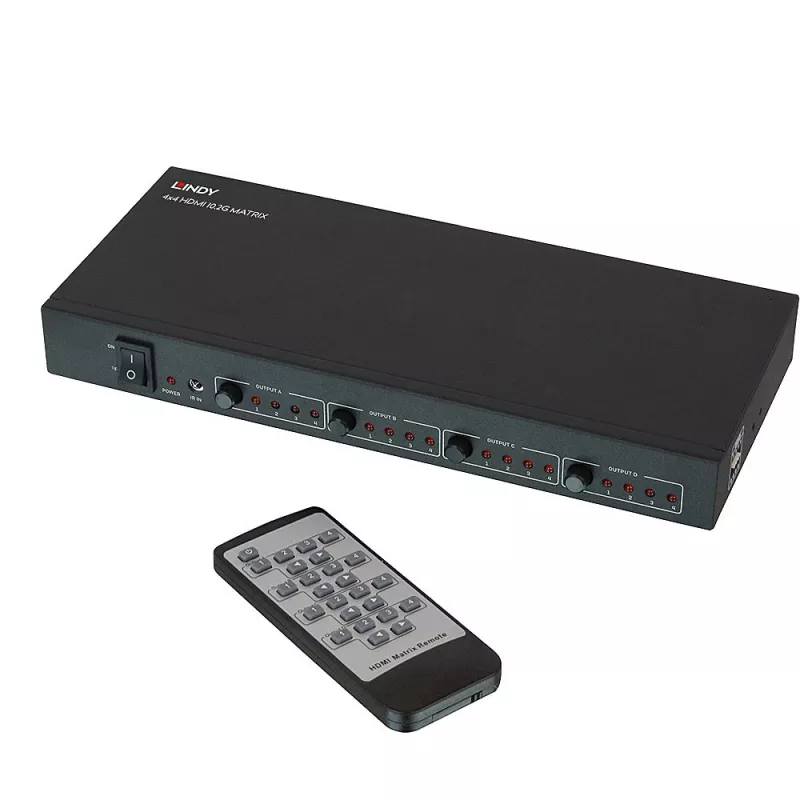 Lindy 4x4 HDMI 4K60 matica, HDMI, 4x HDMI, kov, 1080p, 2160p, DTS-HD, Dolby TrueHD, 12 V
