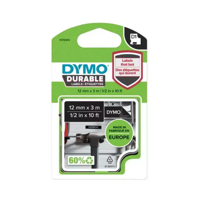 DYMO Authentic D1 Durable etikety | biela tlač na čiernej páske | 12 mm x 3 m | páska na označovanie pre LabelManager tlačiareň etikiet