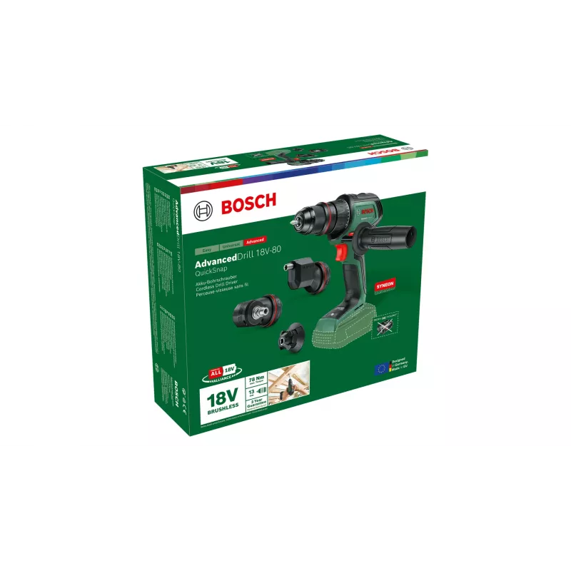 Akumulátorový vŕtací skrutkovač Bosch AdvancedDrill 18V-80 QuickSnap Solo — 18 V, kompaktný, zelená/čierna