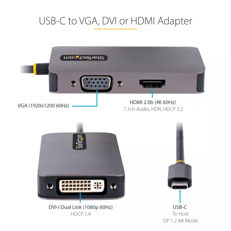 StarTech.com USB-C video adaptér, USB-C na HDMI DVI VGA adaptér, až do 4K 60Hz, hliník, multiport video display adaptér, kompatibilný s Thunderbolt 3/4, USB Type-C cestovný adaptér