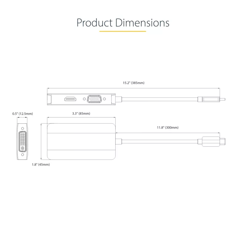 StarTech.com USB-C video adaptér, USB-C na HDMI DVI VGA adaptér, až do 4K 60Hz, hliník, multiport video display adaptér, kompatibilný s Thunderbolt 3/4, USB Type-C cestovný adaptér