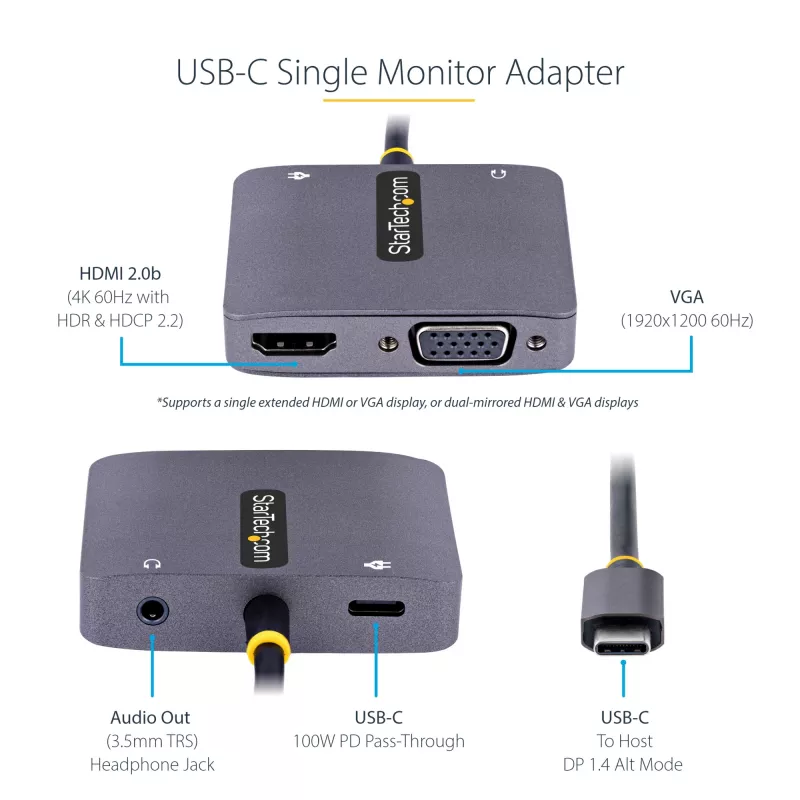 StarTech.com USB-C video adaptér, USB-C na HDMI VGA multiport adaptér, 3,5-mm audio, 4K 60Hz HDR, 100W PD Pass-Through, kompatibilný s Thunderbolt 3/4 – USB-C display cestovný adaptér