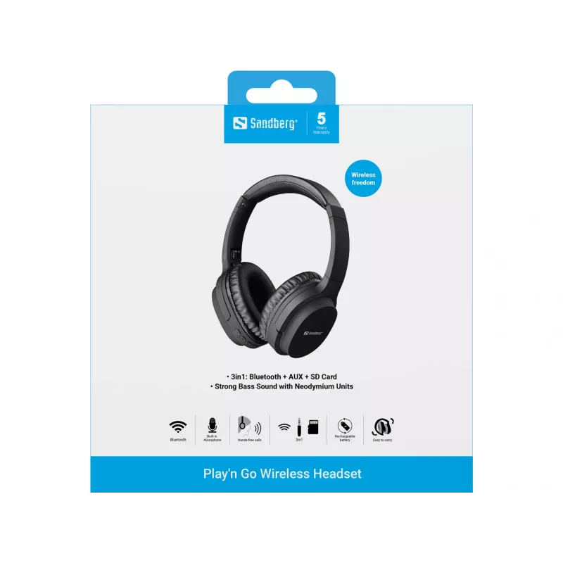 Sandberg 126-37 Play'n Go Bluetooth slúchadlá s mikrofónom, skladacie, drôtové aj bezdrôtové, 3,5 mm, 20 Hz - 20 kHz, 230 g, čierne