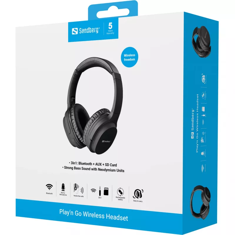 Sandberg 126-37 Play'n Go Bluetooth slúchadlá s mikrofónom, skladacie, drôtové aj bezdrôtové, 3,5 mm, 20 Hz - 20 kHz, 230 g, čierne