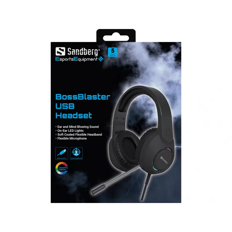 Headset SANDBERG BossBlaster USB — káblový gaming headset, 20–20000 Hz, 2 m kábel, 240 g, čierny