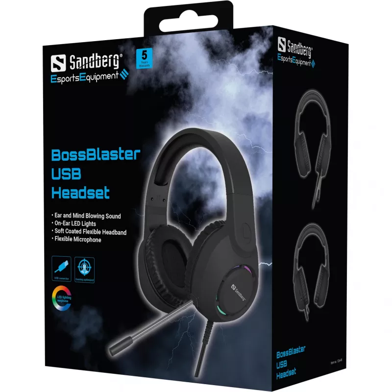 Headset SANDBERG BossBlaster USB — káblový gaming headset, 20–20000 Hz, 2 m kábel, 240 g, čierny