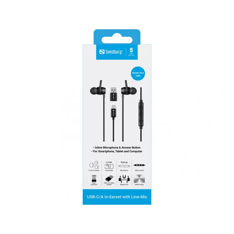 Headset Sandberg USB-C/A In-Earset s line mikrofónom