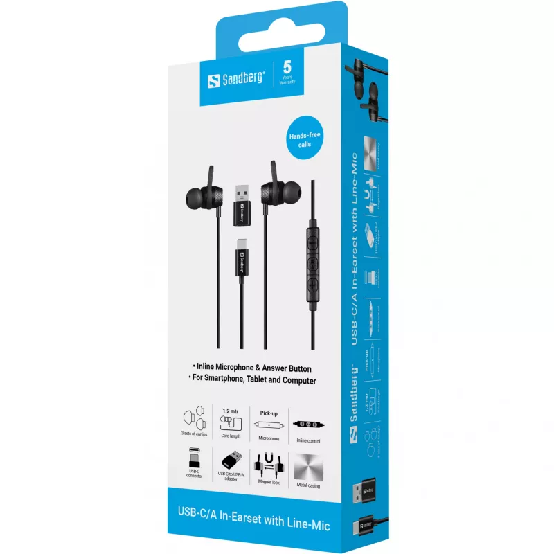 Headset Sandberg USB-C/A In-Earset s line mikrofónom