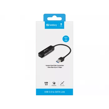 Sandberg USB 3.0 na SATA Link, čierna, 5 Gbit/s, 20 g, 77 mm, 18 mm, 193 mm