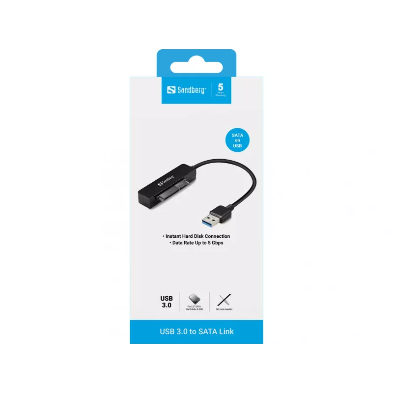 Sandberg USB 3.0 na SATA Link, čierna, 5 Gbit/s, 20 g, 77 mm, 18 mm, 193 mm