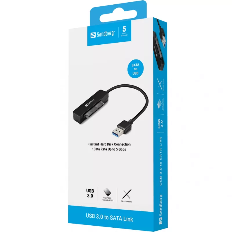 Sandberg USB 3.0 na SATA Link, čierna, 5 Gbit/s, 20 g, 77 mm, 18 mm, 193 mm
