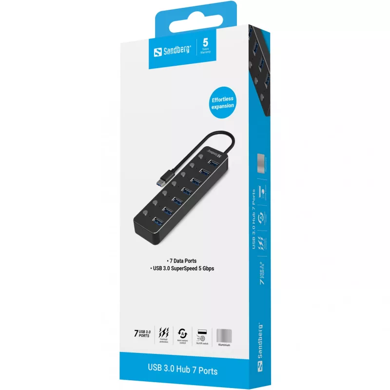 USB hub Sandberg 7 portov USB 3.0 čierny hliník