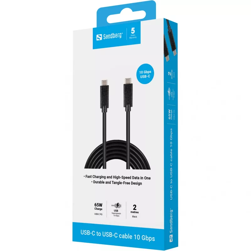 Sandberg USB-C USB-C 2M USB 3.1 Gen.2, 2 m, USB C, USB C, USB 3.2 Gen 2 (3.1 Gen 2), konektor samec/samec, čierna