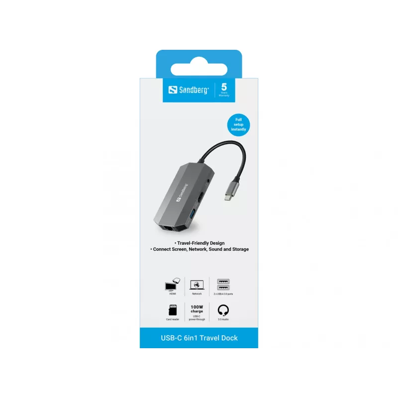 USB-C dok Sandberg 6in1 Travel Dock