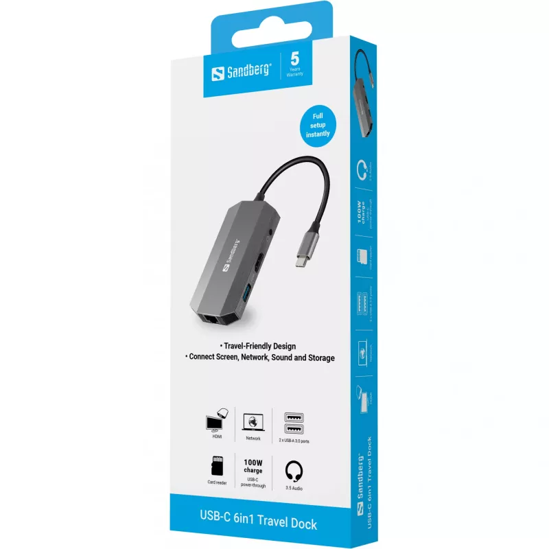 USB-C dok Sandberg 6in1 Travel Dock