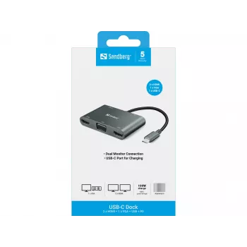 Sandberg USB-C dok 2xHDMI+1xVGA+USB+PD