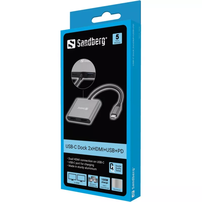 Sandberg USB-C dock 2xHDMI+USB+PD maximálne rozlíšenie 3840x2160