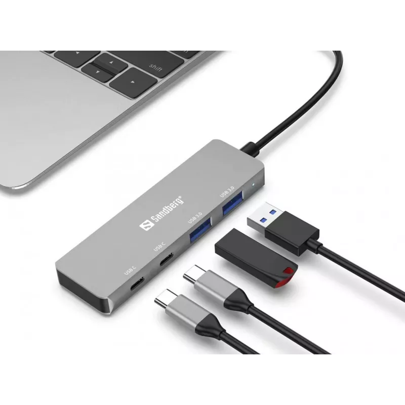 Sandberg USB-C na 2xUSB-A + 2xUSB-C hub sivá hliník