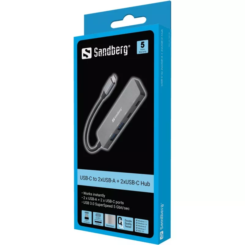 Sandberg USB-C na 2xUSB-A + 2xUSB-C hub sivá hliník