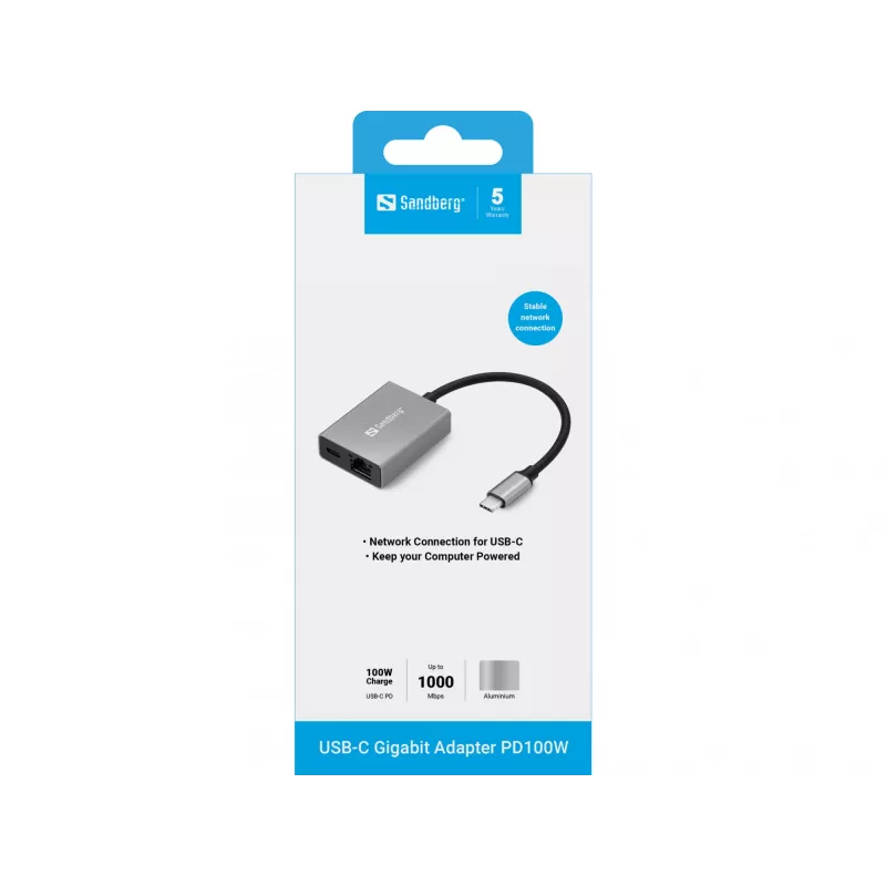 Sandberg USB-C Gigabit adaptér PD100W USB Type-C RJ-45 1 Gbit/s sivý