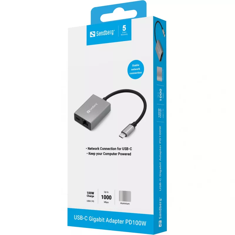 Sandberg USB-C Gigabit adaptér PD100W USB Type-C RJ-45 1 Gbit/s sivý