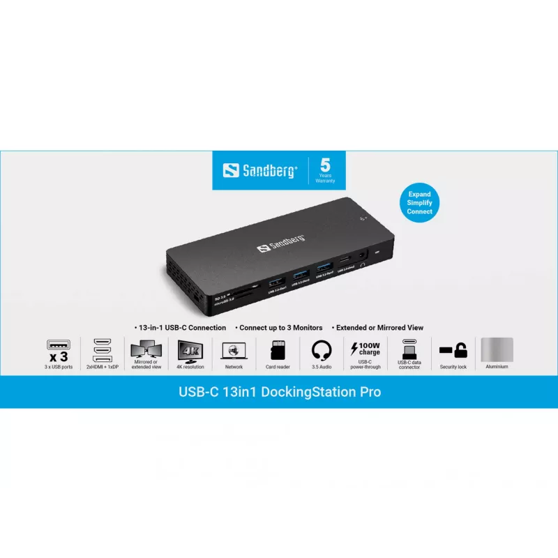 Sandberg USB-C 13in1 DockingStation Pro káblový USB 3.2 Gen 1 Type-C