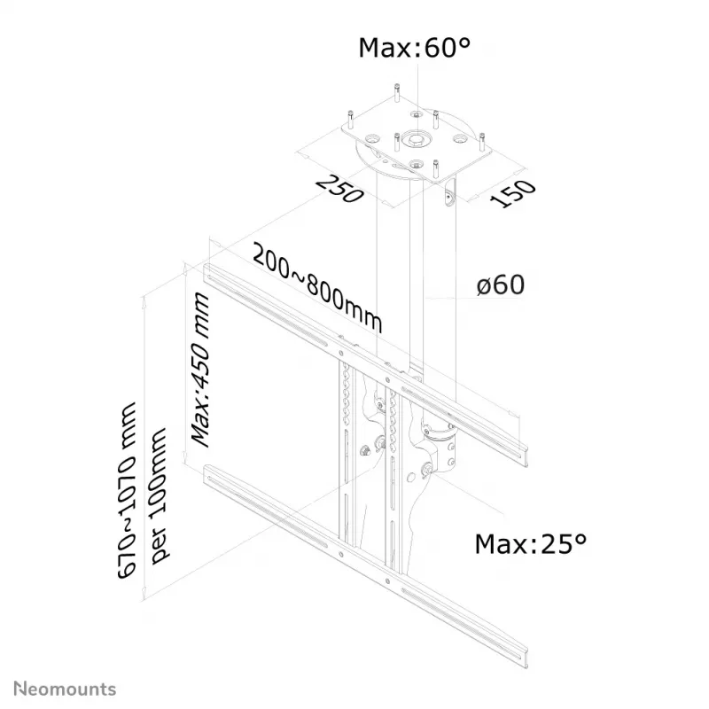 Neomounts PLASMA-C100 stropný držiak TV, 37–75 palcov, plne polohovateľný, výškovo nastaviteľný, naklápací, strieborný