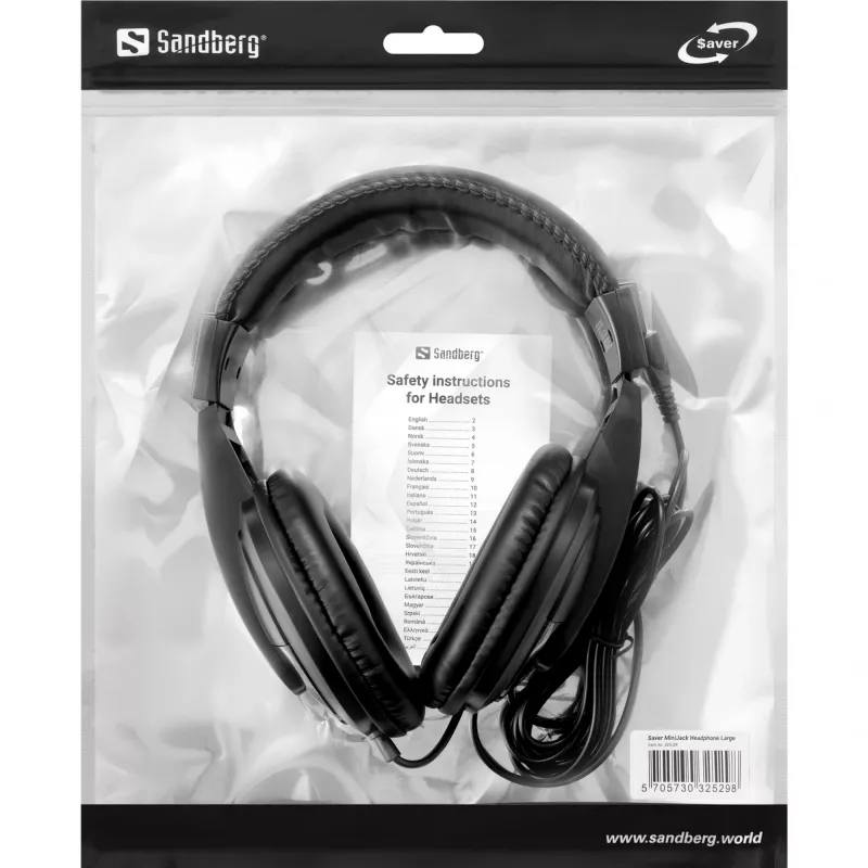 Sandberg Saver MiniJack Headphone Large, káblový, hovory/hudba, 20 - 20000 Hz, 270 g, slúchadlá, čierna