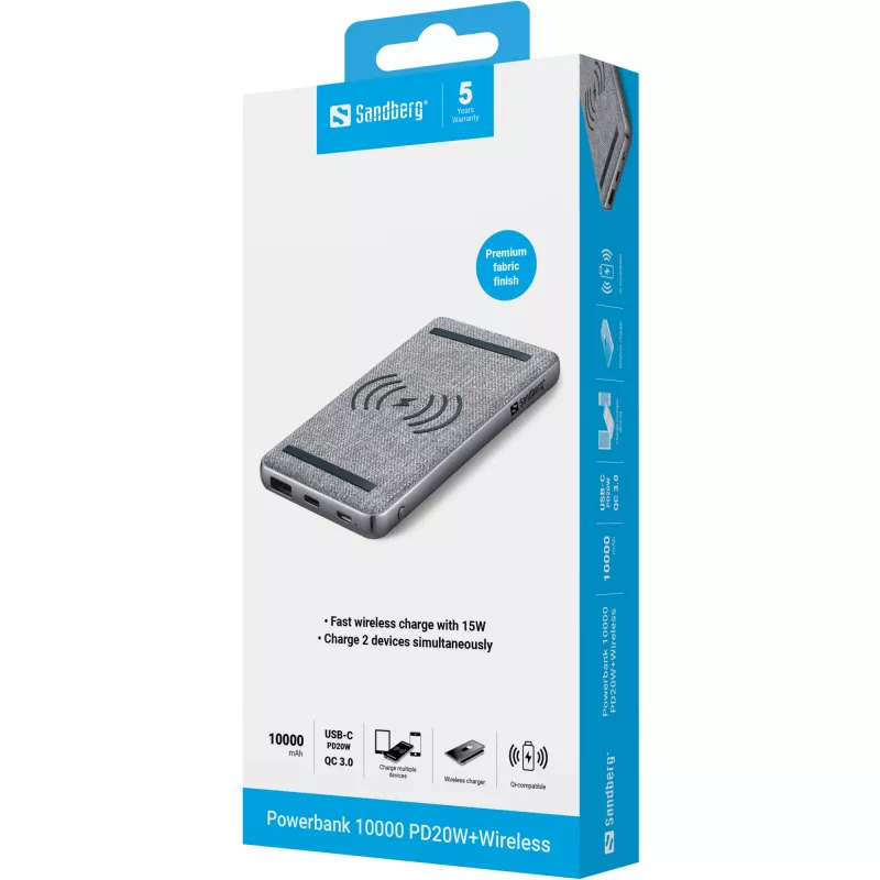 Prenosná powerbank Sandberg Powerbank 10000 PD20W+Wireless, 10000 mAh