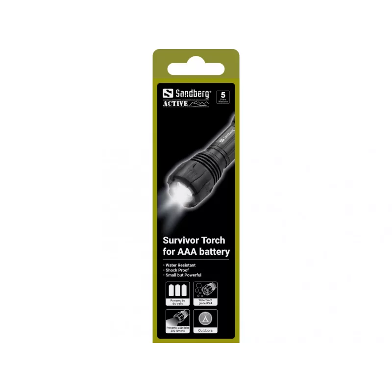 Sandberg Survivor Torch pre AAA batériu, ručná baterka, čierna, hliník, LED, 3 W, 150 lm