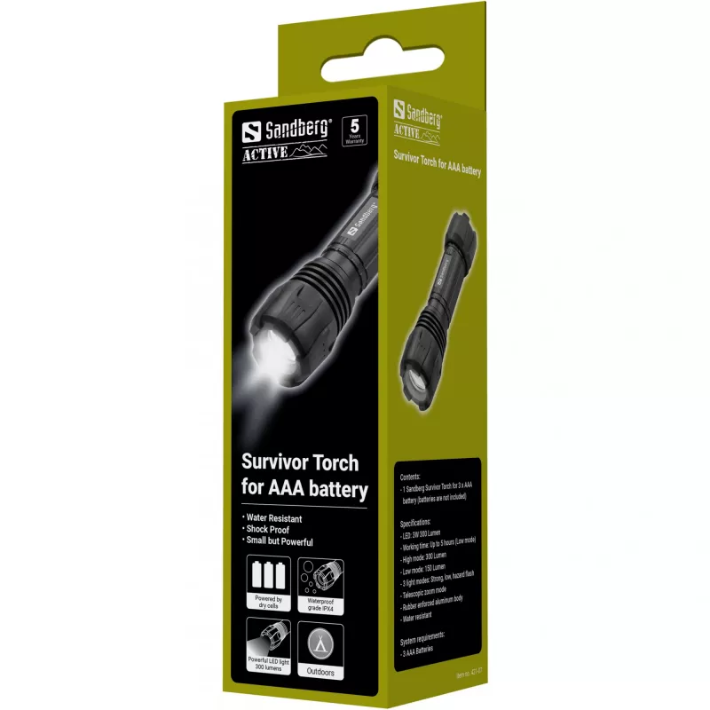 Sandberg Survivor Torch pre AAA batériu, ručná baterka, čierna, hliník, LED, 3 W, 150 lm