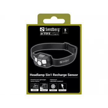 Čelová lampa Sandberg 5in1 Recharge Sensor LED 200 lm čierna