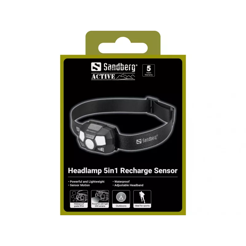 Čelová lampa Sandberg 5in1 Recharge Sensor LED 200 lm čierna