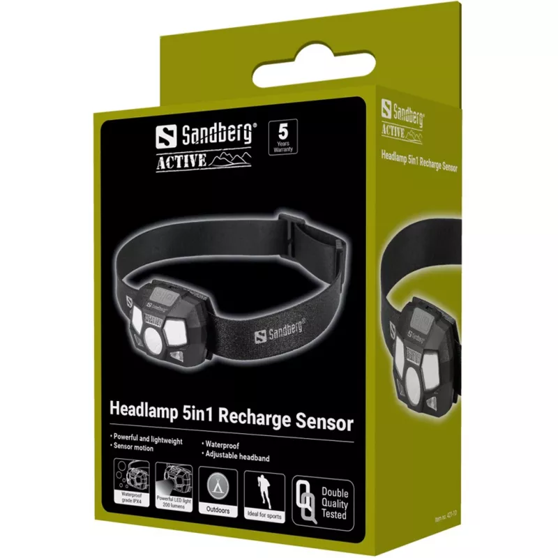 Čelová lampa Sandberg 5in1 Recharge Sensor LED 200 lm čierna