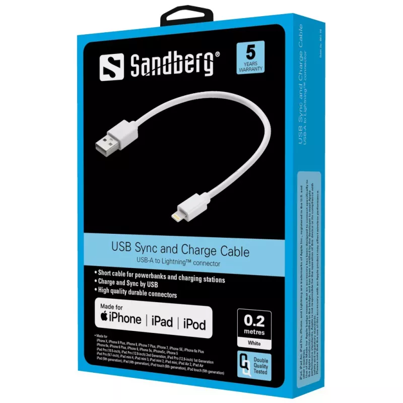 Kábel Sandberg USB Lightning MFI 0,2 m biely