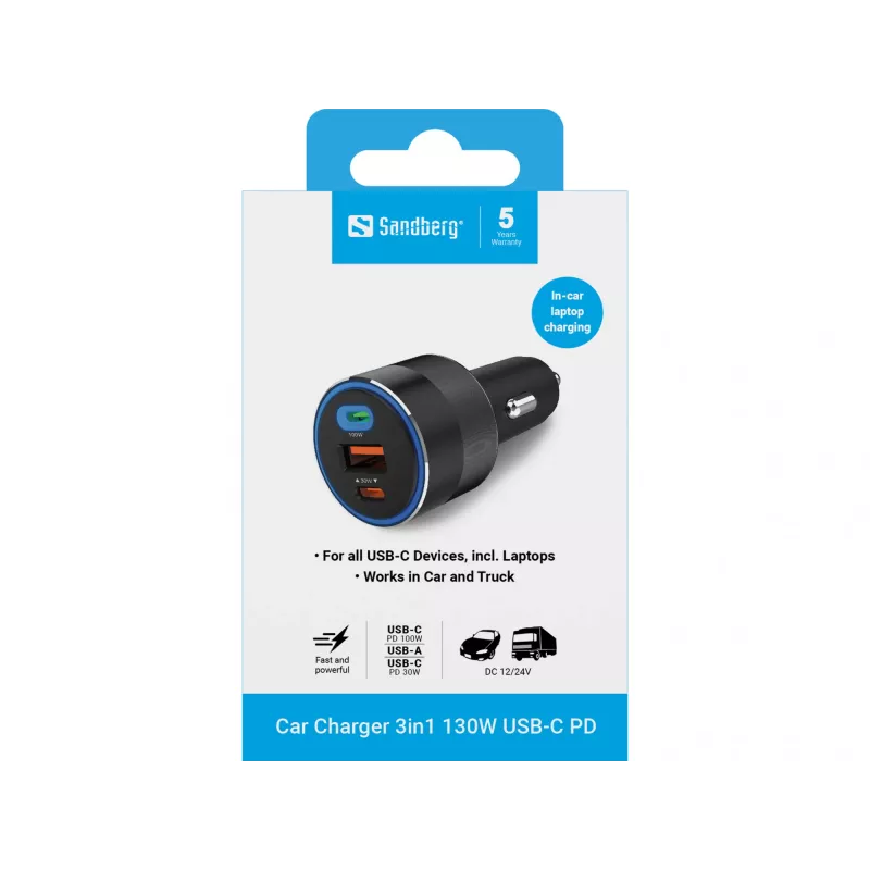 Sandberg autonabíjačka 3in1 130W USB-C PD rýchlonabíjačka univerzálna