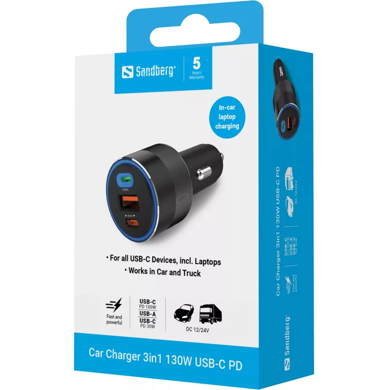 Sandberg autonabíjačka 3in1 130W USB-C PD rýchlonabíjačka univerzálna