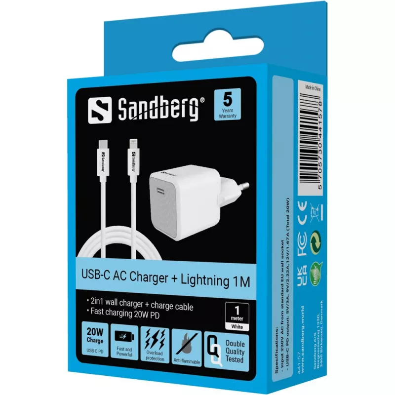 AC nabíjačka Sandberg 20W USB-C + Lightning 1M rýchlonabíjanie biela