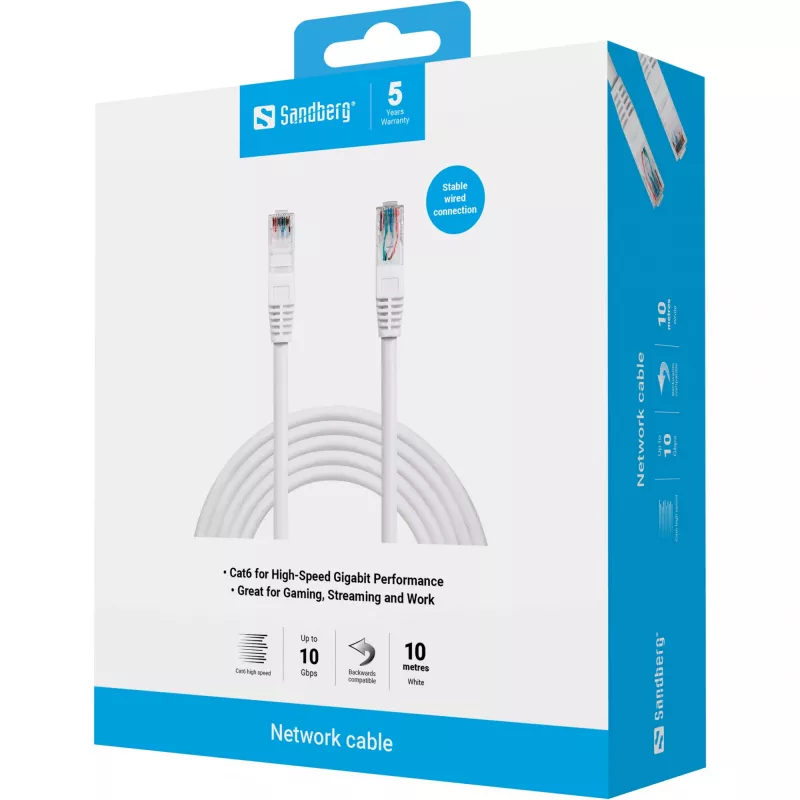 Sieťový kábel Sandberg UTP Cat6 10 m RJ-45 biely