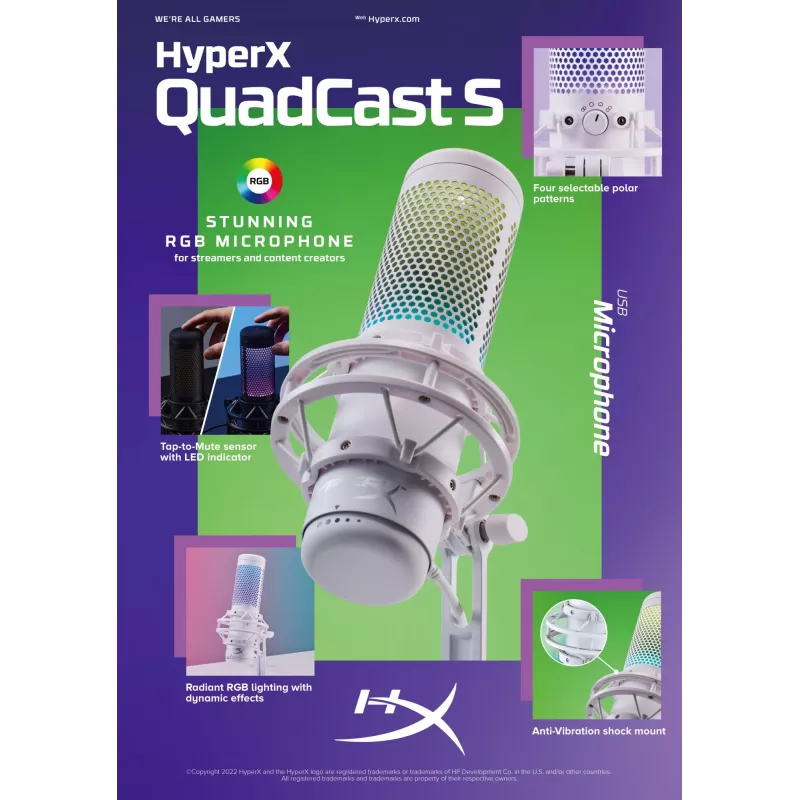 HyperX QuadCast S - USB mikrofón (bielo-sivá) - RGB osvetlenie