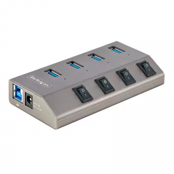StarTech.com 4-portový samostatne napájaný USB-C hub s individuálnymi vypínačmi, USB 3.0 5Gbps rozširujúci hub s napájacím zdrojom, USB-C na USB-A hub pre stolné počítače/notebooky, USB Type-C hub s BC 1.2