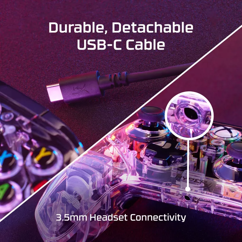 HyperX Clutch Gladiate – káblový herný RGB ovládač – Xbox, gamepad, Xbox One, Xbox Series X, káblový, USB, USB Type-A, USB Type-C, transparentný