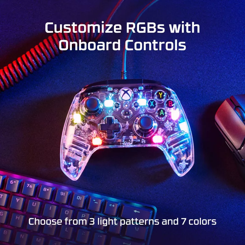 HyperX Clutch Gladiate – káblový herný RGB ovládač – Xbox, gamepad, Xbox One, Xbox Series X, káblový, USB, USB Type-A, USB Type-C, transparentný