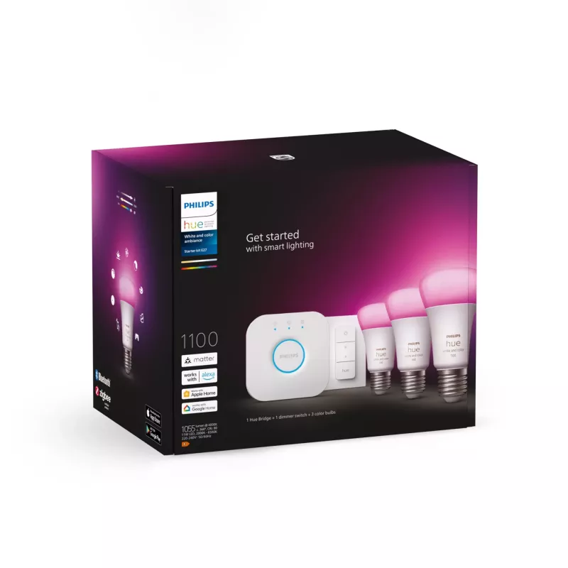 Smart-Lighting-Kit Philips Hue White and Colour Ambience Starterkit – 3× E27 11W žiarovky, Bluetooth/Zigbee, stmievač