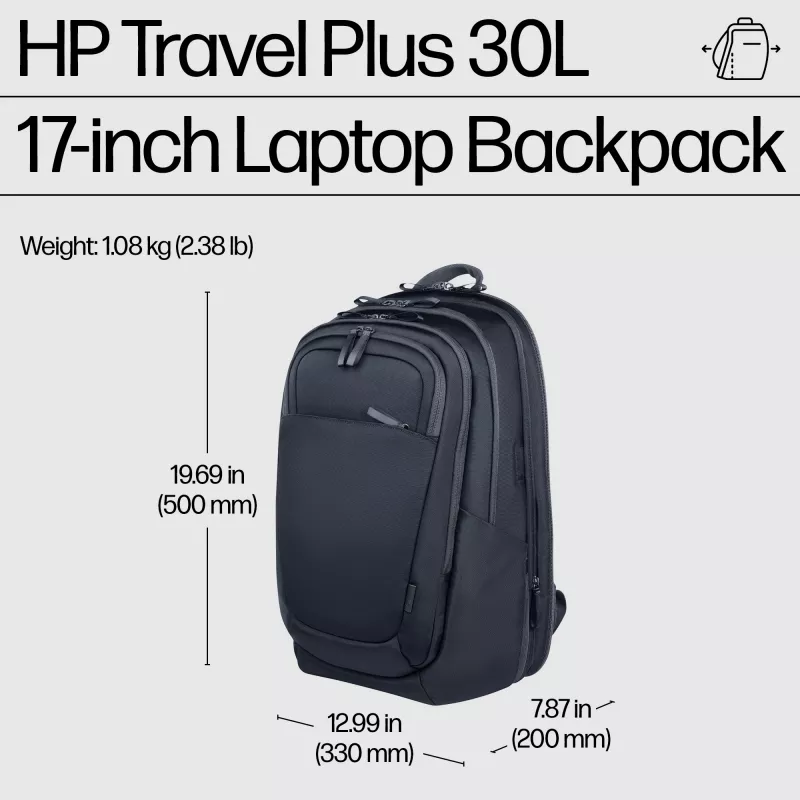 HP Travel Plus batoh na notebook 30 l, 17,3 palca (43,9 cm), rozšíriteľný na 35 l, vrecko s blokovaním RFID, 1,08 kg, grafitovo modrý