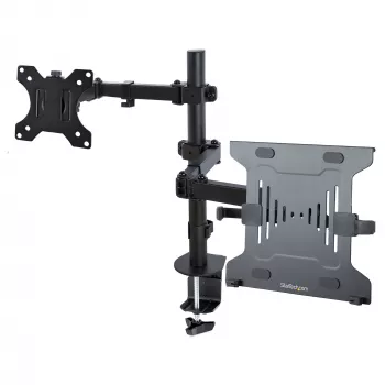 StarTech.com rameno monitora s VESA držiakom na notebook, pre jeden notebook (4,5 kg/9,9 lb) a jeden displej do 32 palcov (8 kg/17,6 lb), čierna, vetraná polica, nastaviteľný držiak ramena notebooku, C-svorka/montáž cez stôl